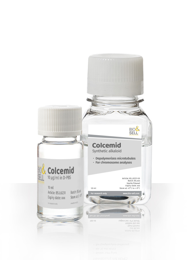 Colcemid solution in a 100 ml bottle and a 10 ml bottle